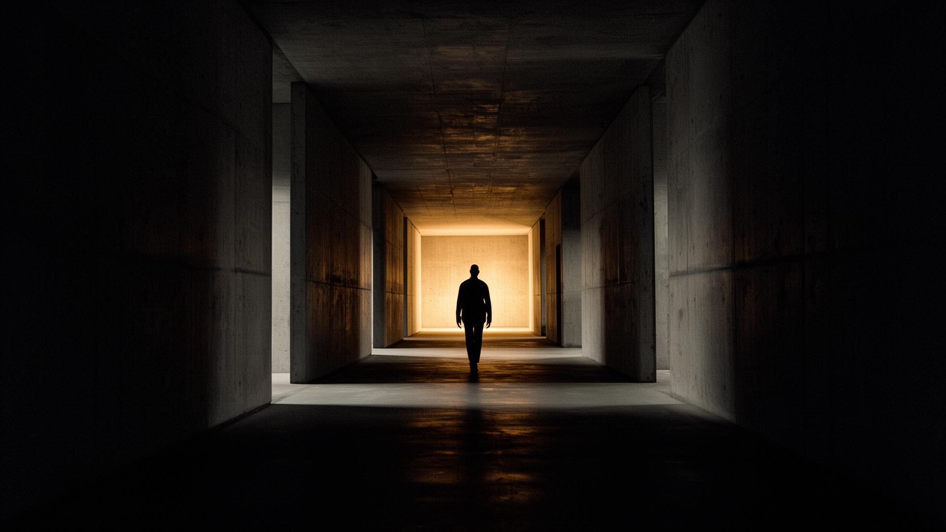 A solitary figure walking a brutalist hallway toward distant warm light
