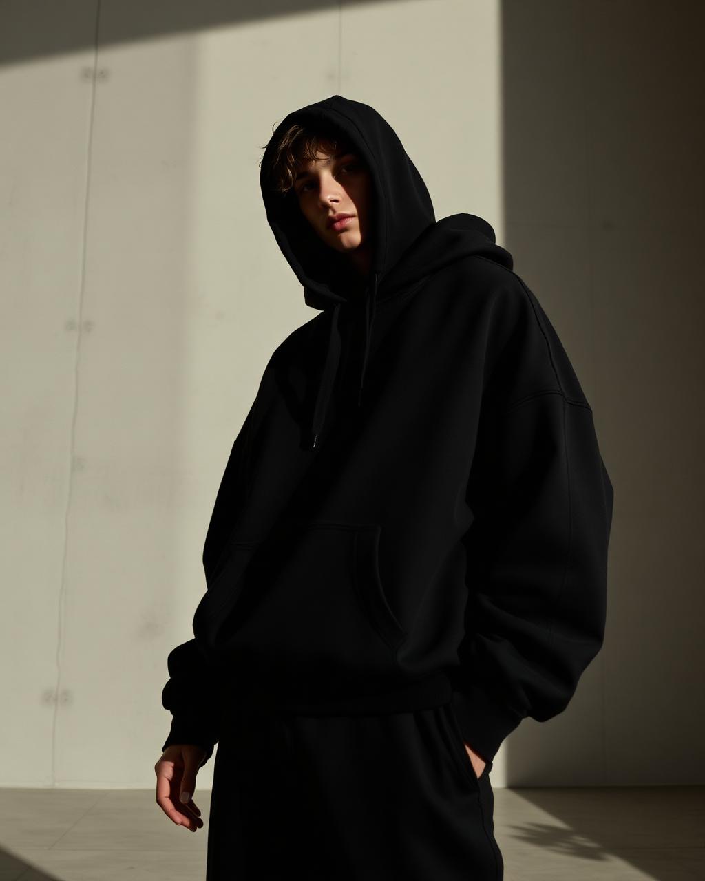 Editorial portrait of model in matte black hoodie